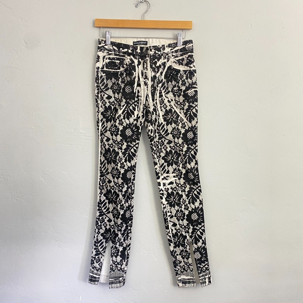 Dolce & Gabbana Black and White Skinny Jeans with Floral Lace Print